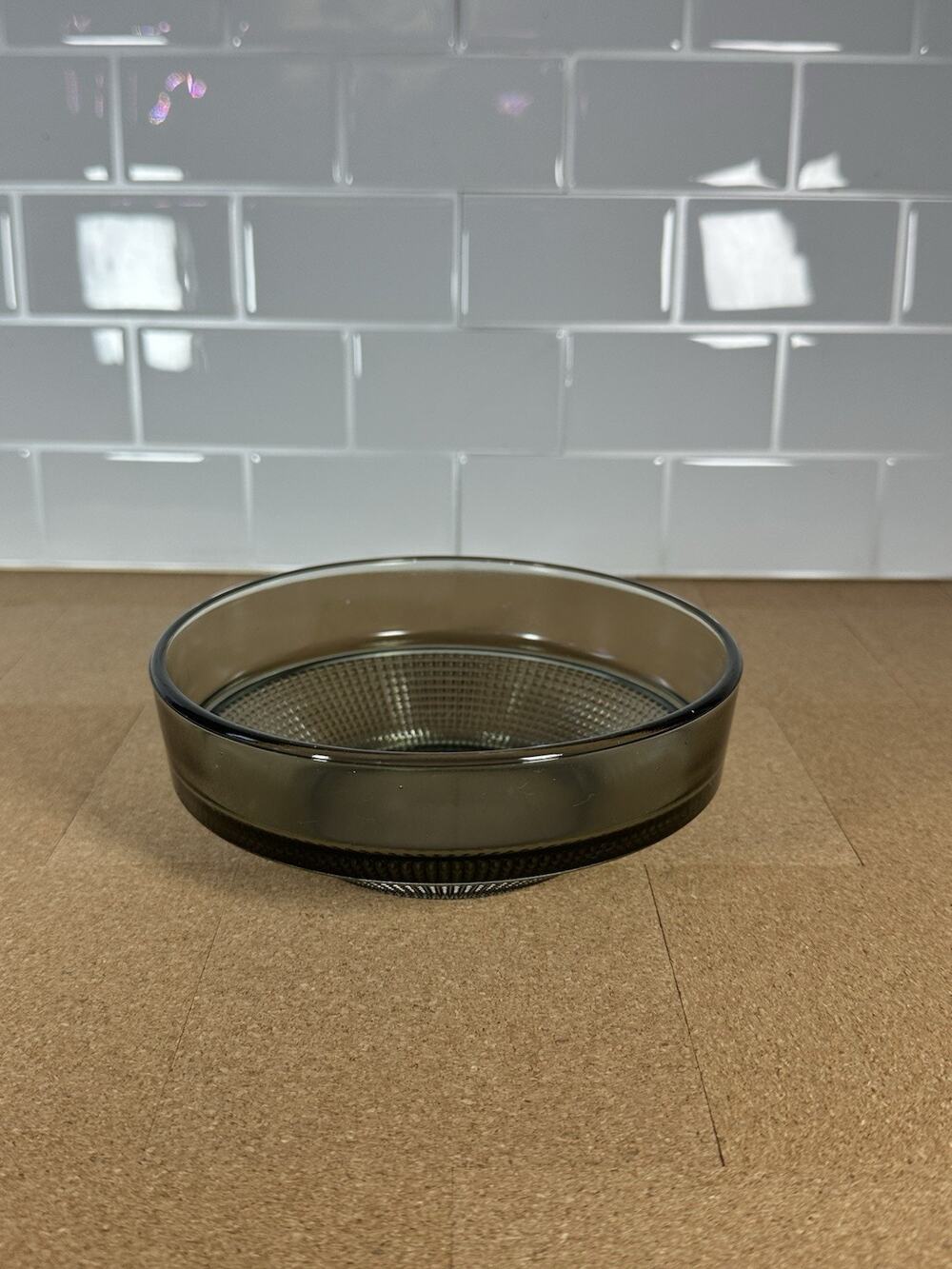 Vintage MCM smoky gray pressed glass serving bowl geometric diamond pattern